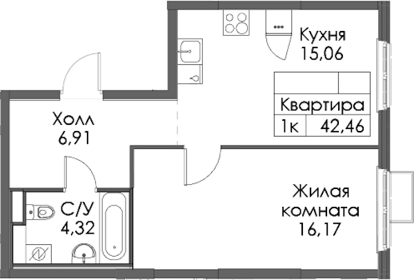 1-комнатная квартира 42.46 м², 12/12 эт., ЖК «Таллинский парк»